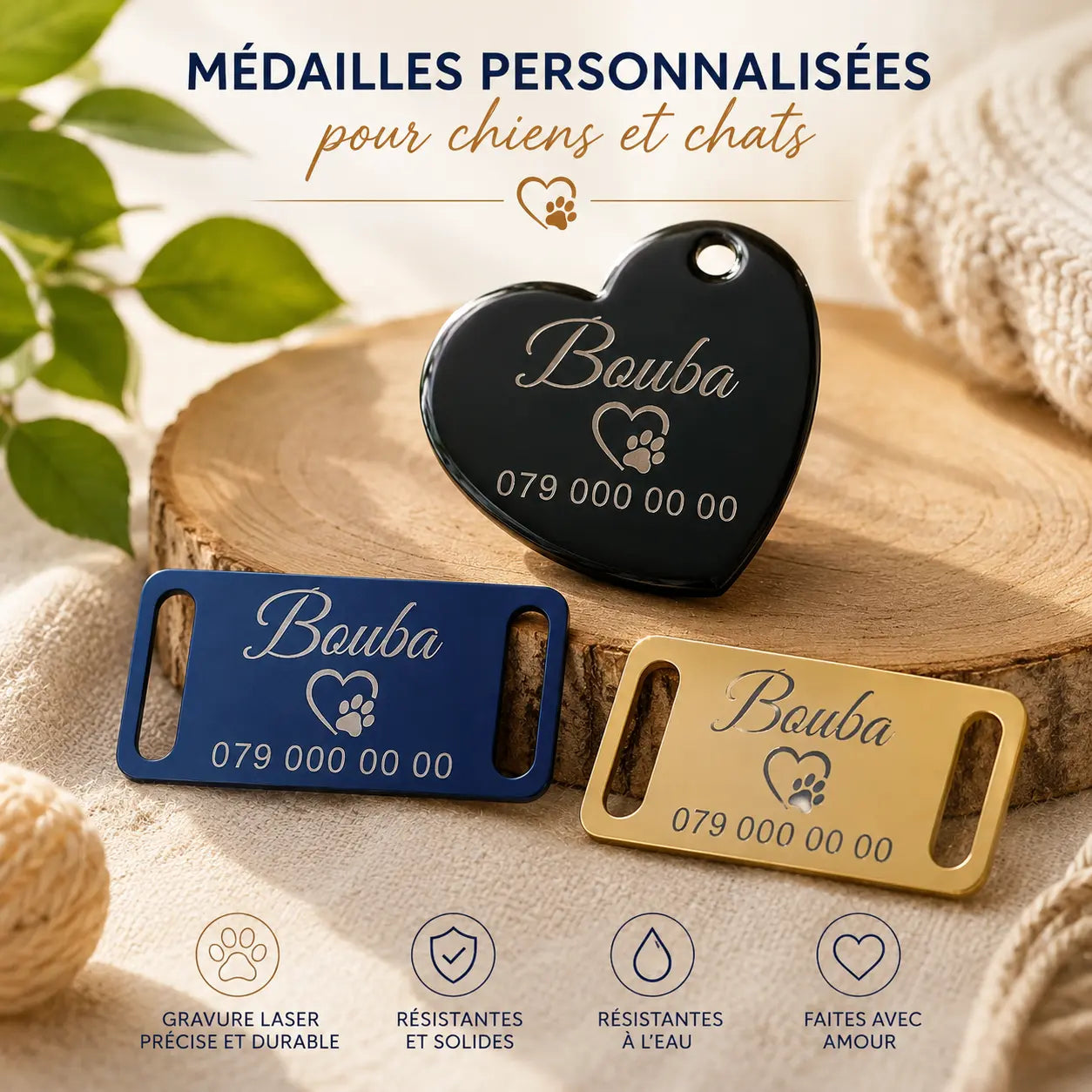 Plaques et médaillons pour animaux gravés laser personnalisables - Filament Fou