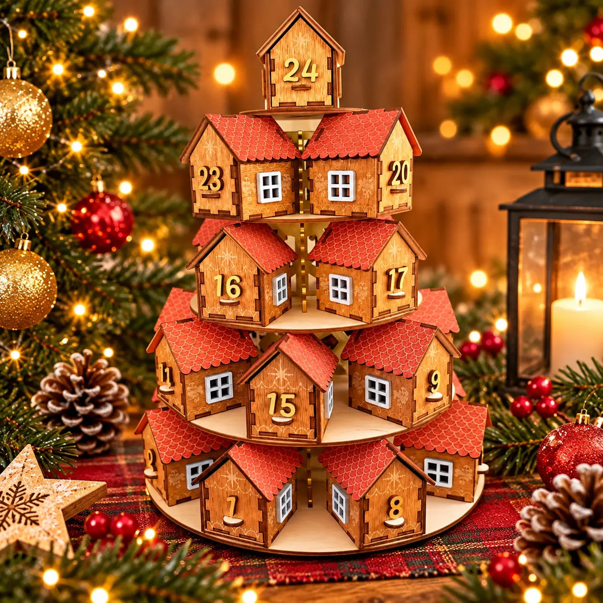 Calendrier de l'Avent en bois 24 chalets sur support à étages – Filament Fou