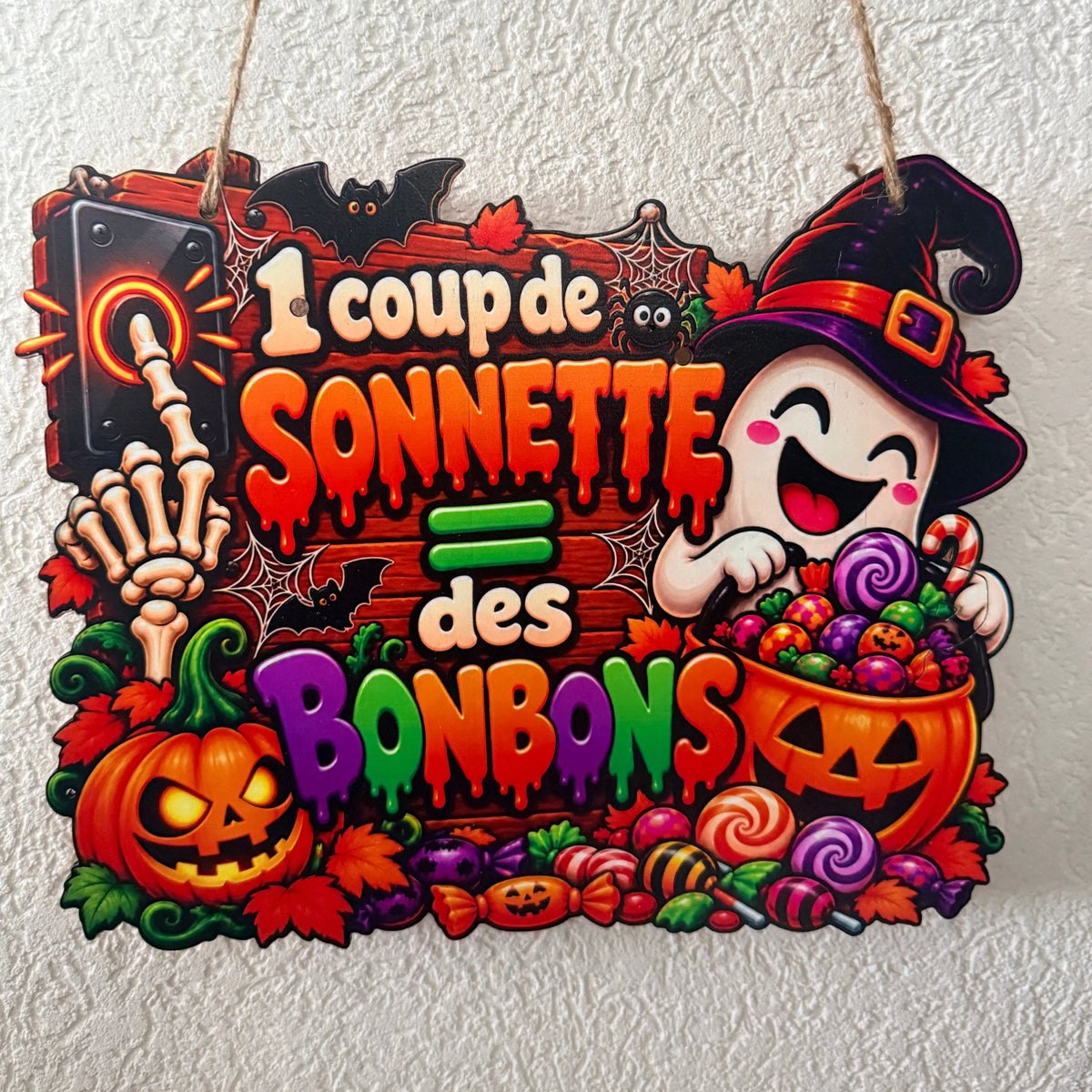 Pancarte décorative Halloween en bois - 1 coup de sonnette = des bonbons