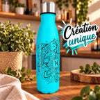 Exemple de création unique : mandala dessiné par Nodalâme et gravé sur gourde inox – Filament Fou