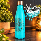 Exemple de création unique : mandala chien dessiné par Nodalâme et gravé sur gourde inox – Filament Fou