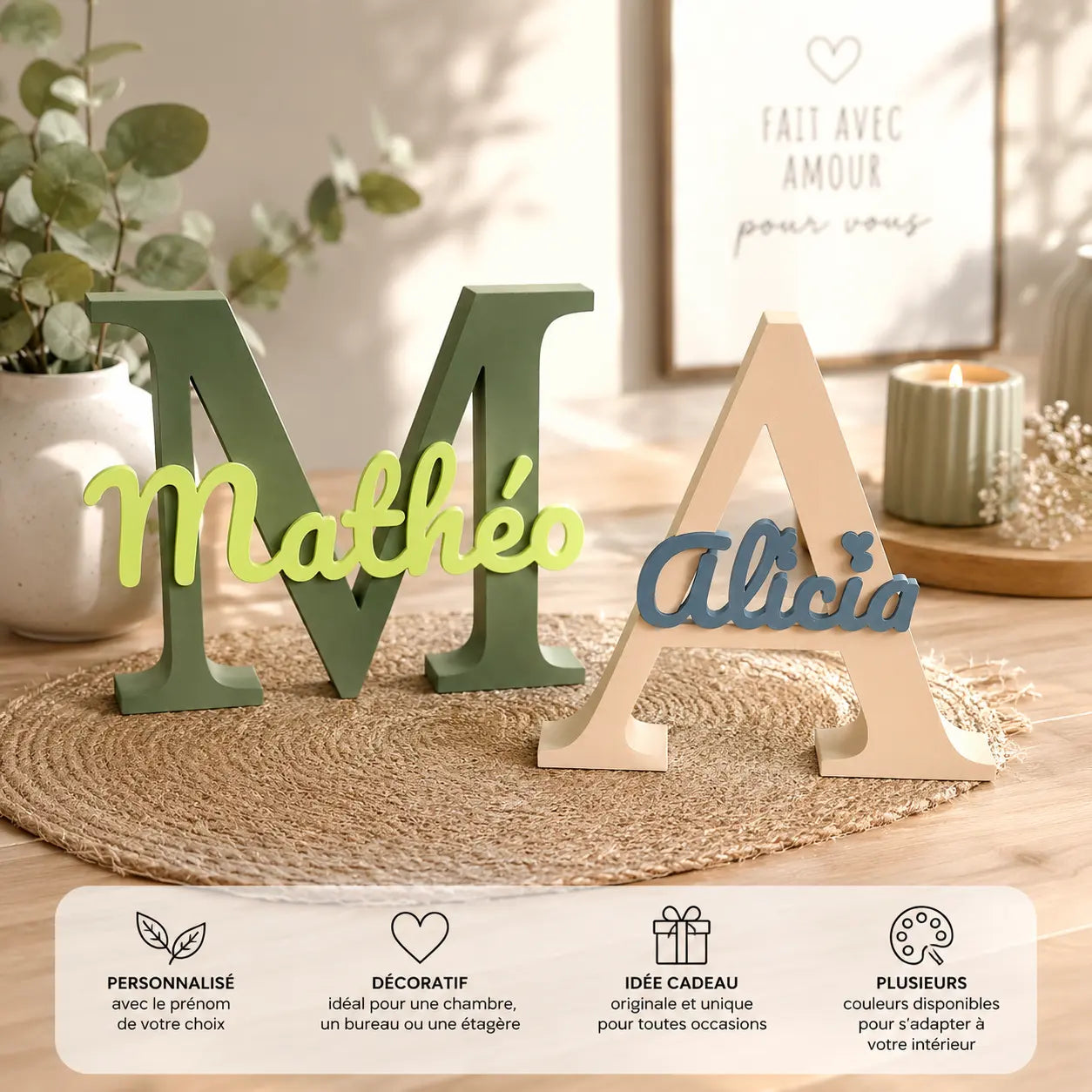 Lettres décoratives en 3D formant un prénom personnalisé, épaisseur 2,5 cm