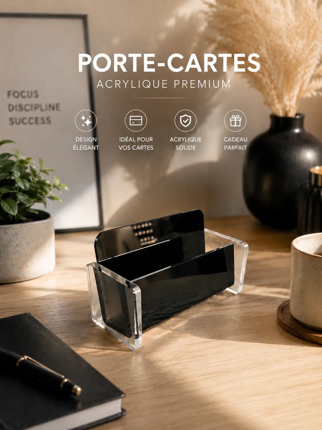Porte-cartes acrylique minimaliste sans gravure, vue de face