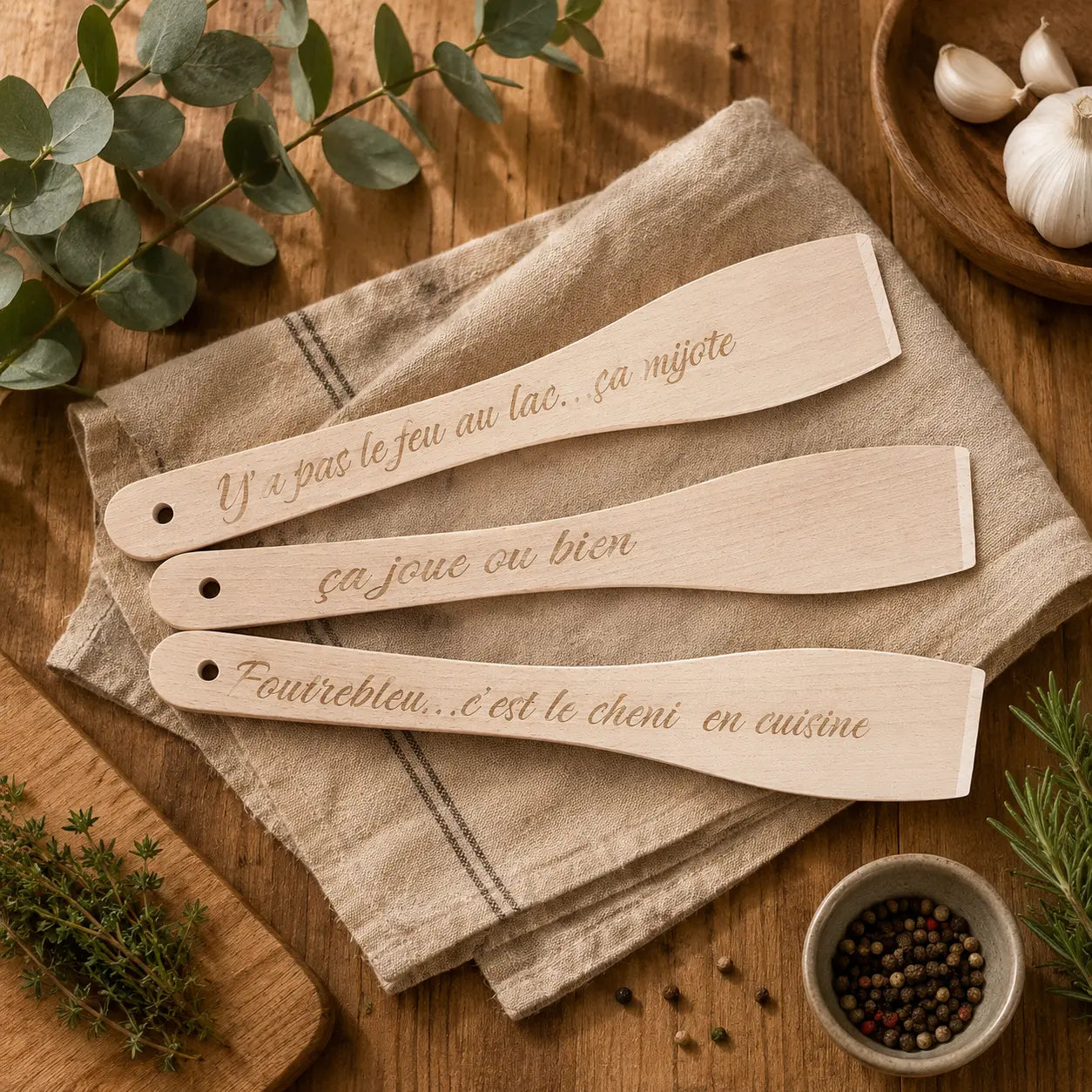 Collection de spatules en bois de hêtre gravées avec expressions suisses | Filament Fou